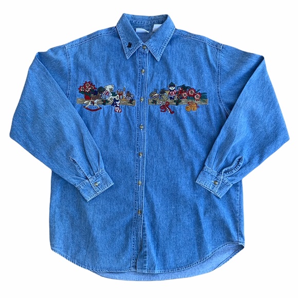Vintage Bobbie Green Holiday Embroidered Long Sleeve Denim Shirt - Picture 2 of 9